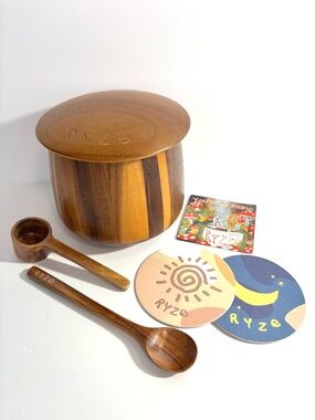 NEW RYZE Acacia Wooden Storage Container, Spoon, Scoop, Magnet & Coaster BUNDLE